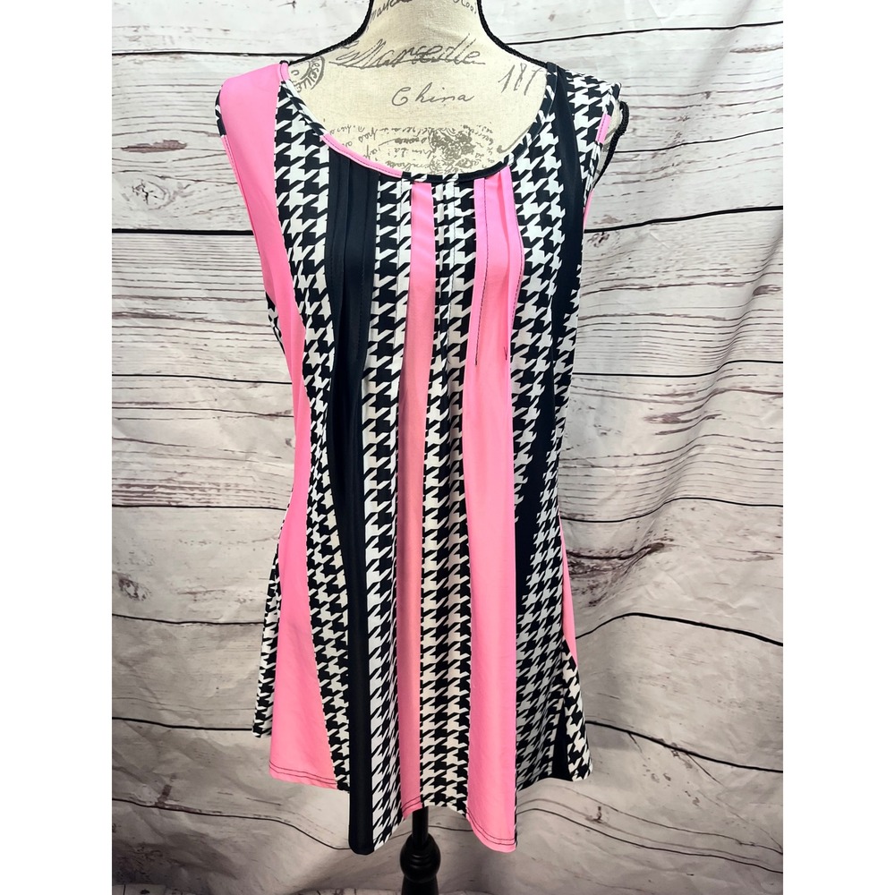 Lily by Firmiana Womens Large Pink Houndstooth Striped Pleated Tunic Tank Top